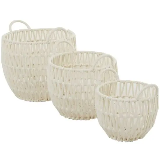 White Cotton Handmade Storage Basket with Handles Set of 3 14", 12", 10" {3}