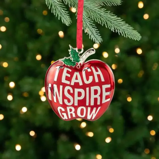 3.25" Red and Silver Plated Apple Teacher Christmas Ornament with European Crystals {6}