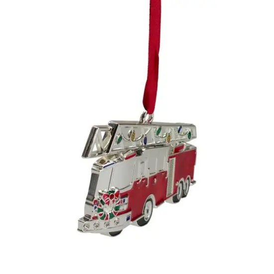 Silver Plated Fire Truck Crystal Embellished Ornament {3}