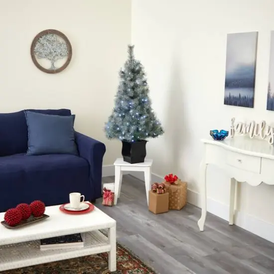 4ft. Pre-Lit Snowy Mountain Pine Artificial Christmas Tree, Blue LED Lights {9}