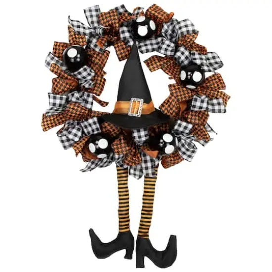 24'' Unlit Orange and Black Witch with Bows Halloween Wreath {1}