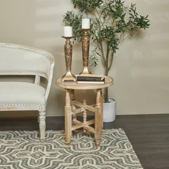 23" Cream Mango Wood Whitewashed Accent Table with Silver Beaded Rim and Turned Legs {7}