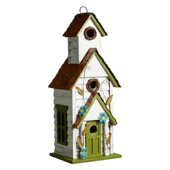Glitzhome&reg; 20" White & Green Distressed Wood 3-Story Villa Birdhouse {1}