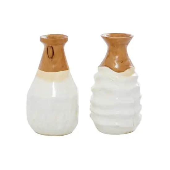 Set of 2 White Teak Wood Coastal Style Vase 6", 10" {6}