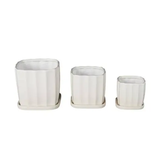 White Square Wide Groove Textured Ceramic Planter Set {7}