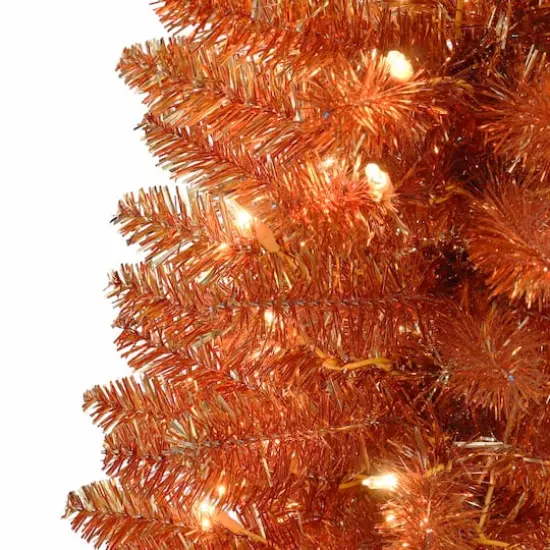 6ft. Pre-Lit Orange Tinsel Artificial Christmas Tree, Clear Lights {5}