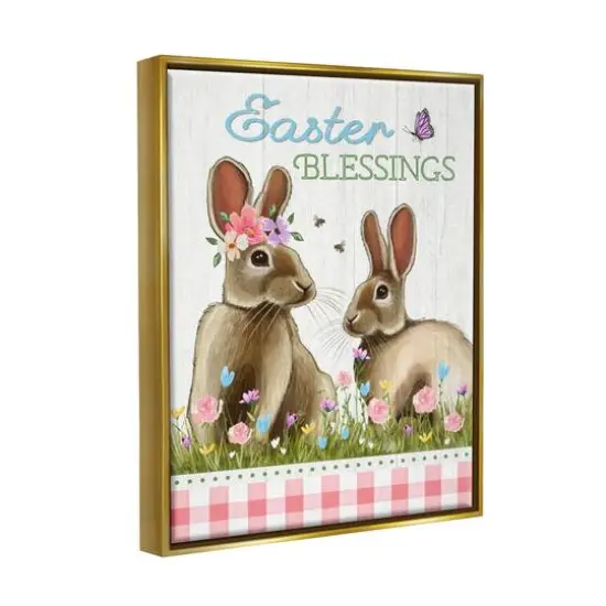 Stupell Industries Easter Blessings Gingham Spring Bunnies Floater Framed Art Gold {4}