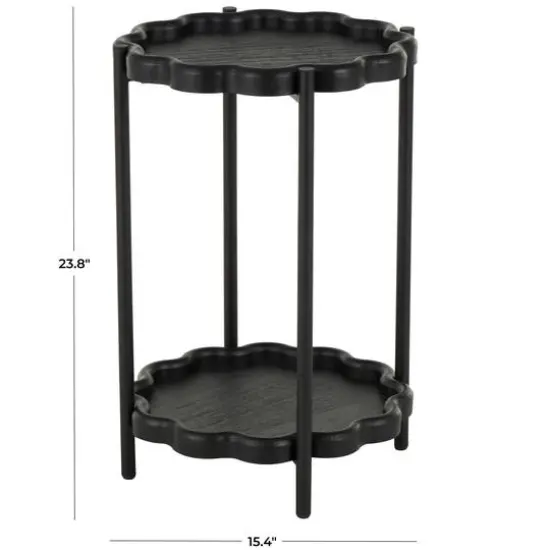 23.75" Black Wood Floral Inspired 2-Level Side End Accent Table with Metal Legs {8}