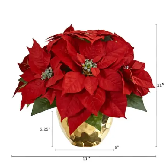 11" Red Poinsettia Arrangement in Golden Vase {3}