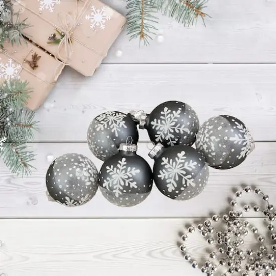 6ct. 4" Gray & White Snowflake Glass Ball Ornaments {3}