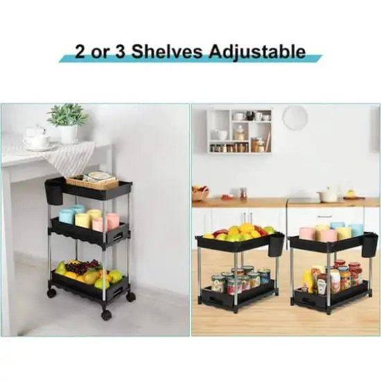 Black 3-Tier Utility Rolling Cart with Sliding Storage Drawer {5}