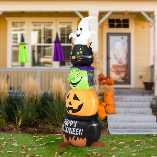 Glitzhome&reg; 8ft. Lighted Halloween Inflatable Stacked Ghost, Black Cat, Witch & Pumpkin D&eacute;cor {4}