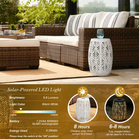 Glitzhome&reg; 18.25" Multifunctional Solar Powdered Iron Leaf Cutout Garden Stool White {8}