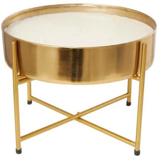 12" White Jasmine Scented 5-Wick Candle with Gold Container and Stand {1}