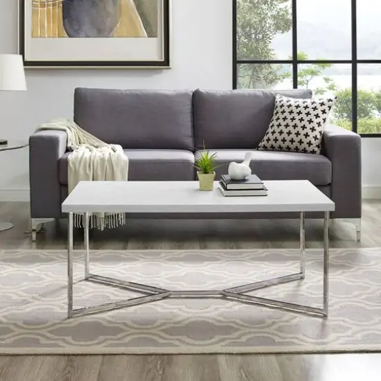 Luxe 42" Faux White Marble & Chrome Y Leg Modern Glam Coffee Table {3}