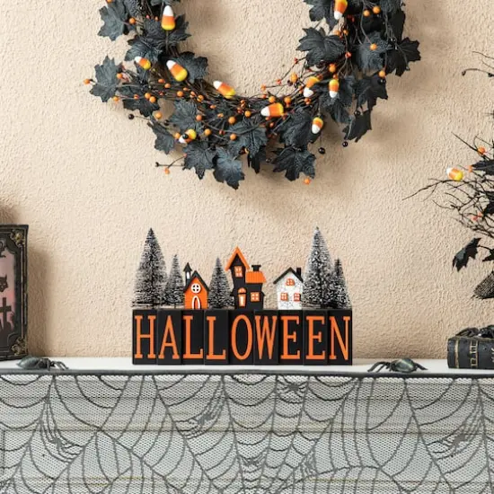 Glitzhome&reg; 14" Halloween Wood Haunted House Table Sign {5}