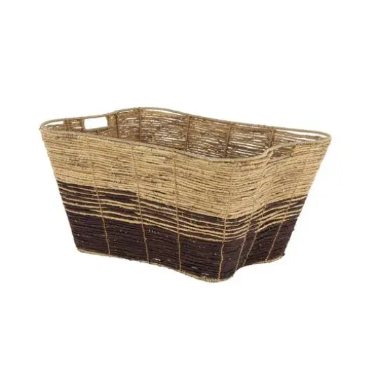 30" Brown Seagrass Handmade Oversized Color Block Storage Basket with Slot Handles {7}