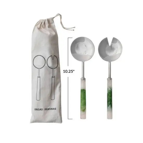 Hello Honey 2-Piece Stainless Steel Salad Servers with Marbled Resin Handles, Green and White {4}