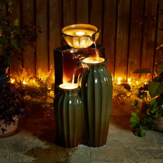 Glitzhome&reg; 26.75" 3-Tier LED Fluted Textured Ceramic Outdoor Floor Fountain Olive Green and Brown {4}