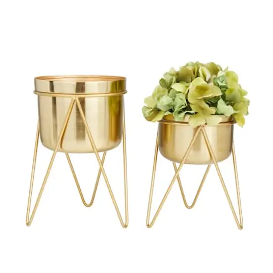 Set of 2 Gold Iron Modern Planter, 10" x 7" x 7" {1}