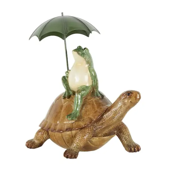 12" Bronze Sitting Frog Sculpture with Umbrella & Brown Walking Turtle {5}