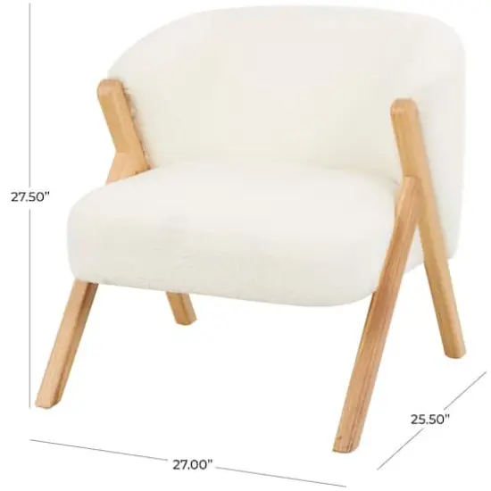 White Polyester Rounded Boucle Accent Chair with Angled Wooden Legs {8}