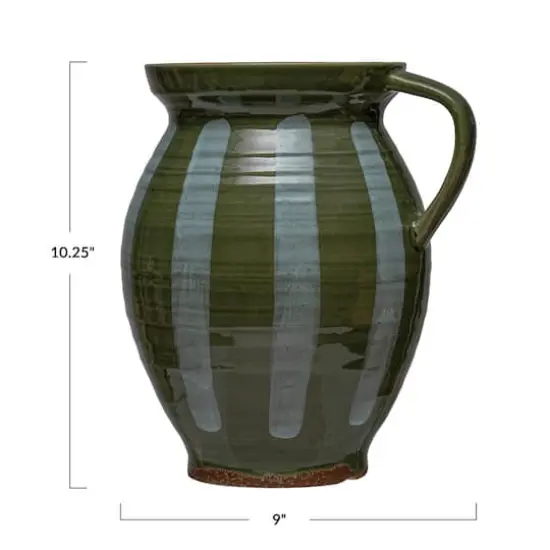 Hello Honey® 10" Green & White Hand Painted Striped Stoneware Pitcher {4}
