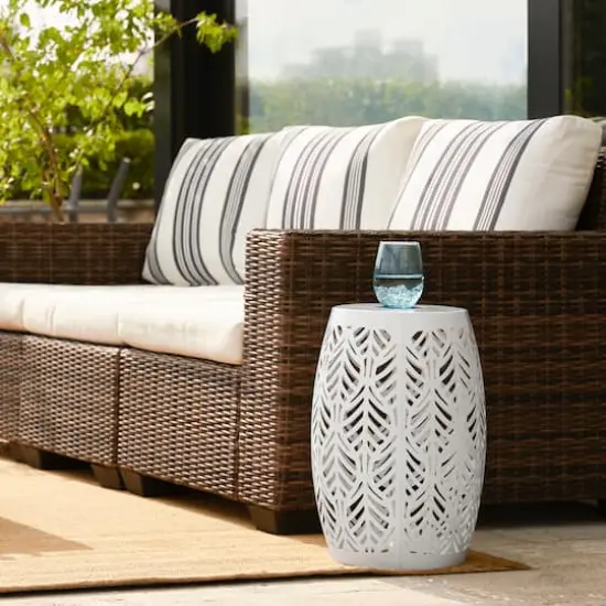 Glitzhome&reg; 18.25" Multifunctional Solar Powdered Iron Leaf Cutout Garden Stool White {5}