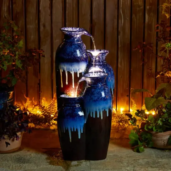Glitzhome&reg; 30.75" 4-Tier LED Reactive Glaze Ceramic Vase Outdoor Floor Fountain Cobalt Blue and Brown {4}