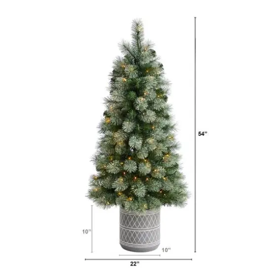 4.5ft. Pre-Lit Nova Scotia Pine Artificial Christmas Tree in Engraved Geometric Stone Planter, Warm White LED Lights {11}