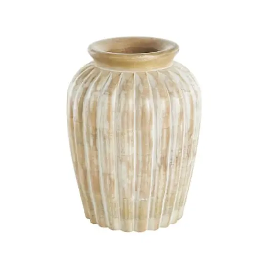 11" Light Brown Mango Wood Distressed Vase with Carved Ridges {4}