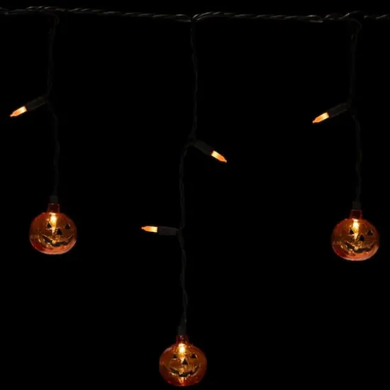 25ct. Jack-o'-Lantern Orange LED Curtain Icicle String Lights {5}