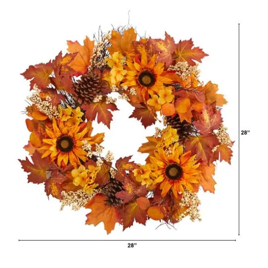 28" Autumn Maple Leaves, Sunflower, White Berries & Pinecones Wreath {4}