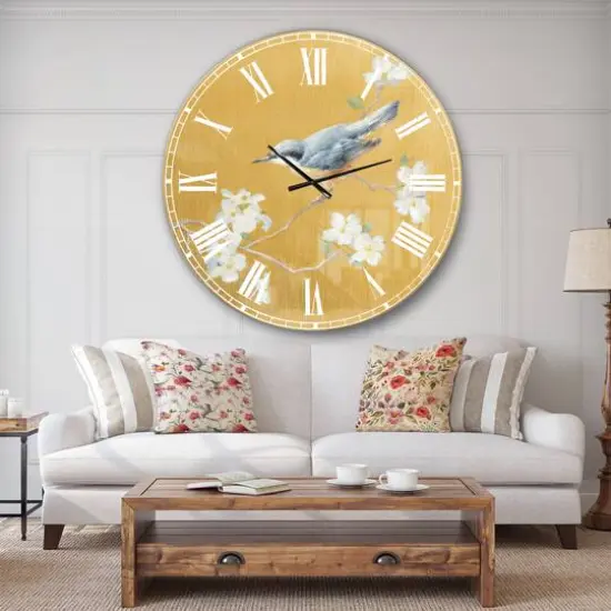 Designart 'Gold Bird On Blossoms Ii Traditional Wall Clock {4}