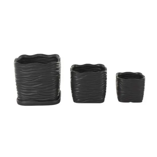Black Wavy Ribbed Ceramic Planter Set {7}