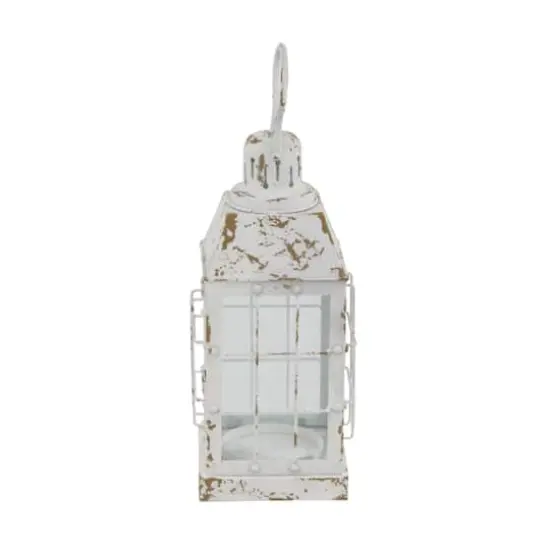 White Iron Vintage Candle Holder Lantern, 14" x 7" x 7" {4}