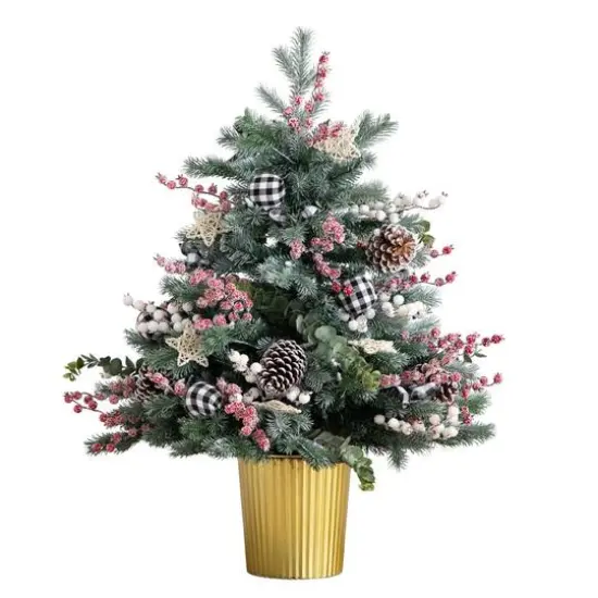 3ft. Pre-Lit Snow-Covered Artificial Christmas Tree in Golden Planter, Color-Changing LED Lights {1}