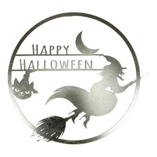 17" Silver Flying Witch Happy Halloween Wall Sign {1}