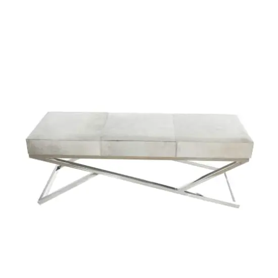 Light Gray Leather Geometric Bench with Angled Silver Metal Base {5}