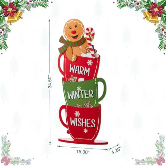 Glitzhome&reg; 34.5" Wooden Christmas Gingerbread Man on Coffee Cup Porch Decor {9}