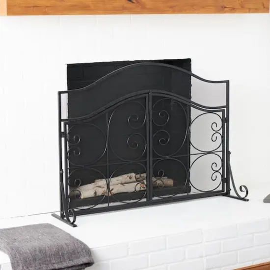 41" Black Metal Scroll Arched 1-Panel 2-Door Fireplace Screen with Mesh Backing {3}