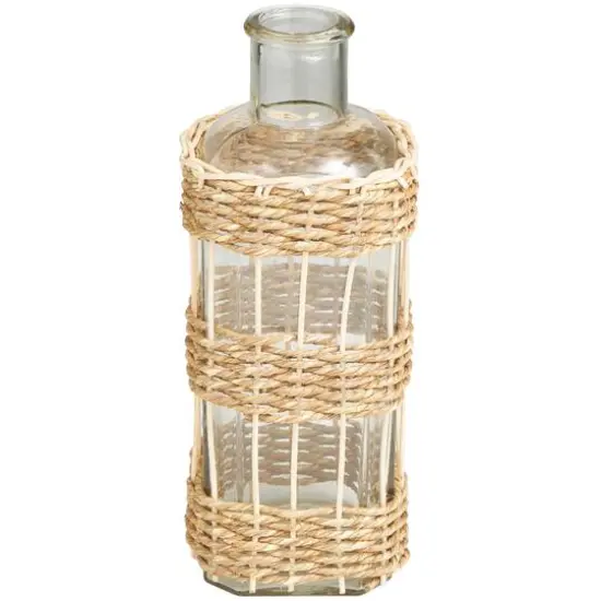 13" Clear Glass Handmade Vase with Light Brown Rattan Woven Body {1}