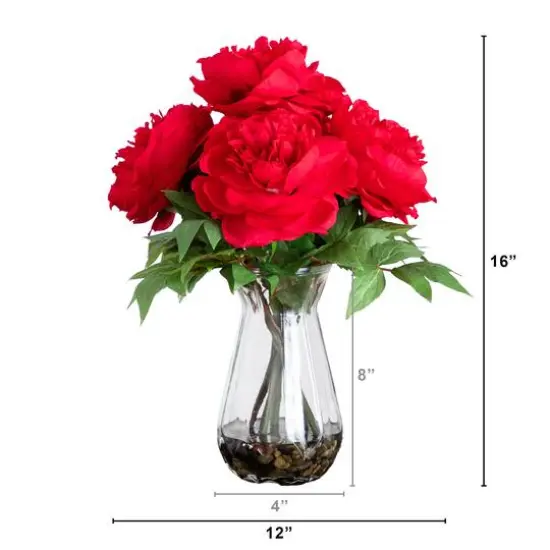 16" Red Peony Arrangement in Glass Vase {6}