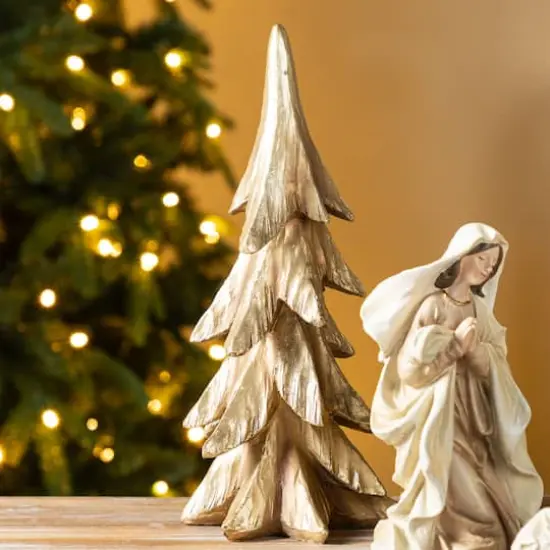Glitzhome&reg; 5-Piece Gold Resin Holy Family with Christmas Trees Set {5}