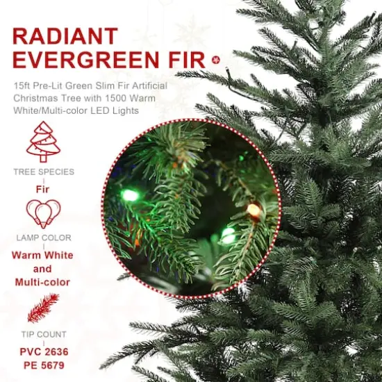 Glitzhome&reg; 15ft Pre-Lit Green Slim Fir Artificial Christmas Tree, Multicolor LED Lights {6}