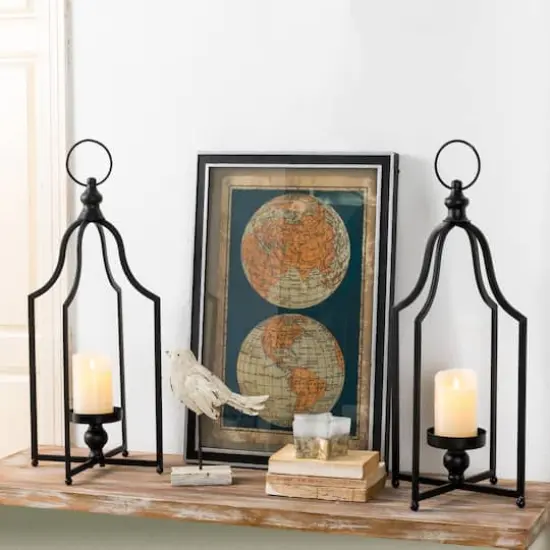 22" Modern Farmhouse Black Metal Candle Lantern Set {4}