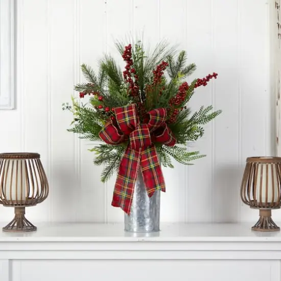 28" Holiday Winter Greenery, Berries & Plaid Bow Artificial Christmas Arrangement {3}