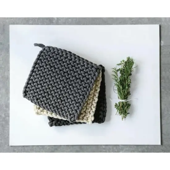 Hello Honey&reg; 8" Black, Gray & Cream Square Cotton Crocheted Pot Holder Set {3}