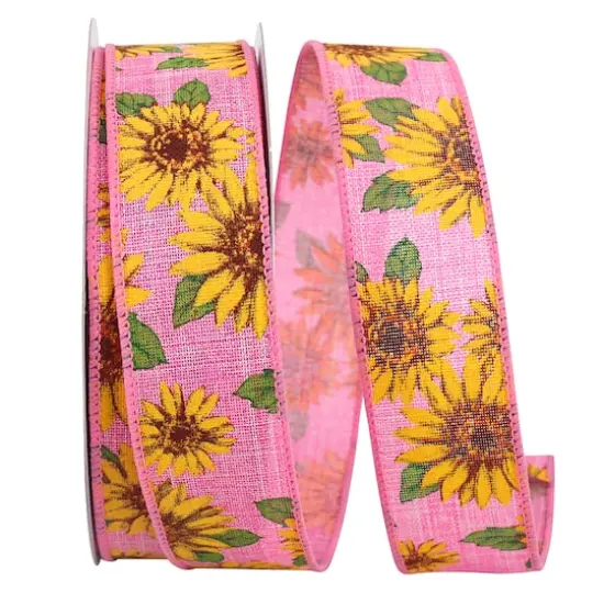 Reliant 1.5" x 20yd. Linen Wired Sunflowers All Around Ribbon Pink {1}