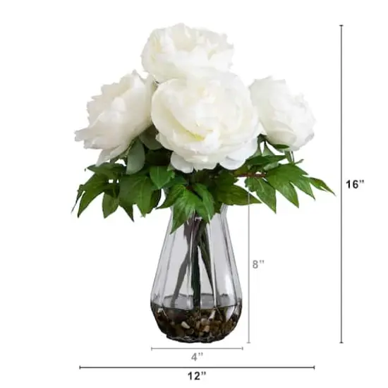 16" White Peony Arrangement in Glass Vase {6}